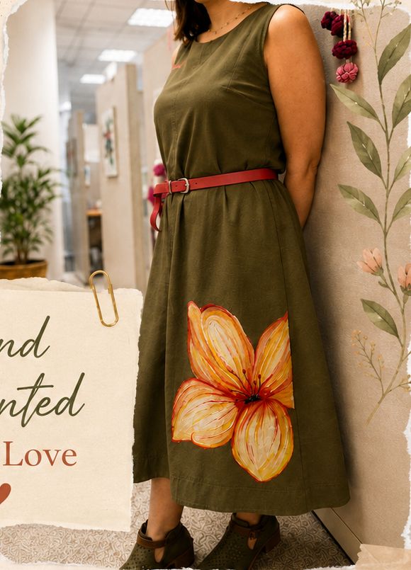 Olive dress with a large hand-painted orange lily