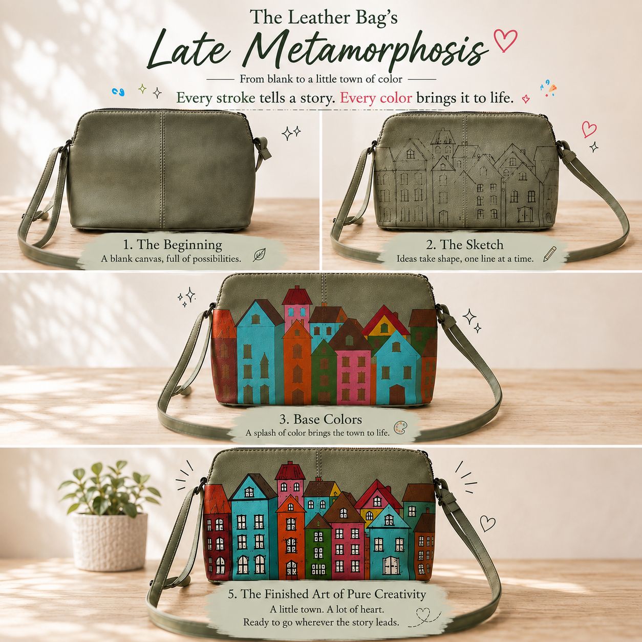 A leather bag from blank, to sketch, to base colours, to a finished painted town